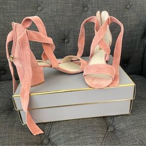 Beautiful rose suede sandals with ankle ties. Worn once!